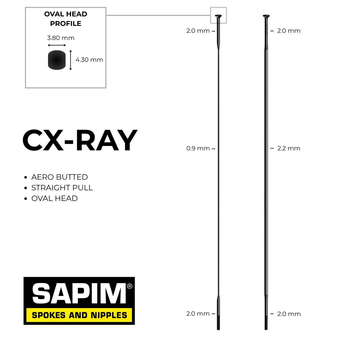 SAPIM - CX-RAY SPOKES - STRAIGHT PULL - OVAL HEAD