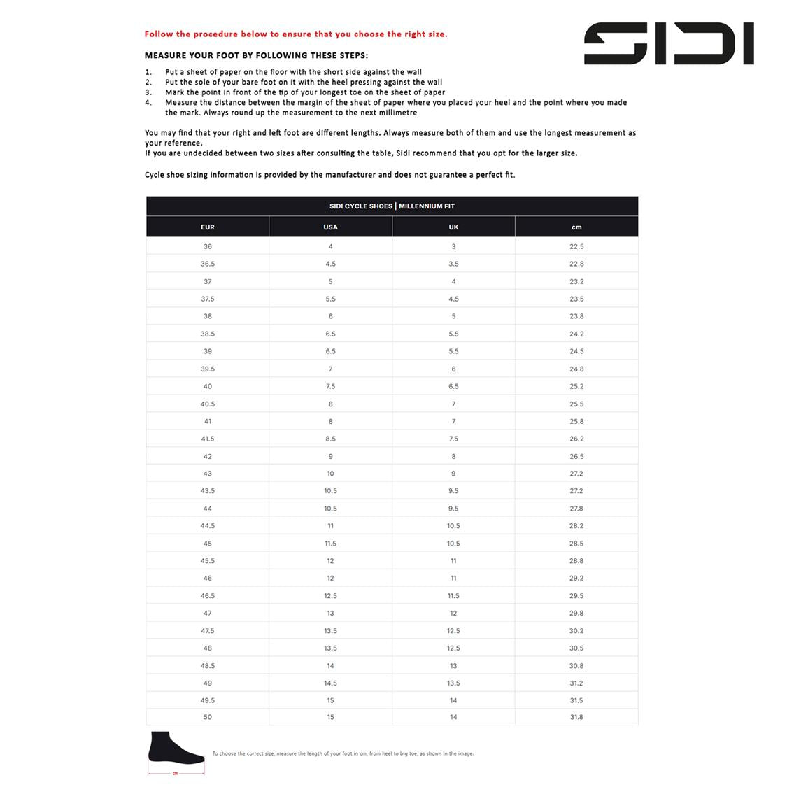 SIDI Cycle Millenium Fit - Size Chart