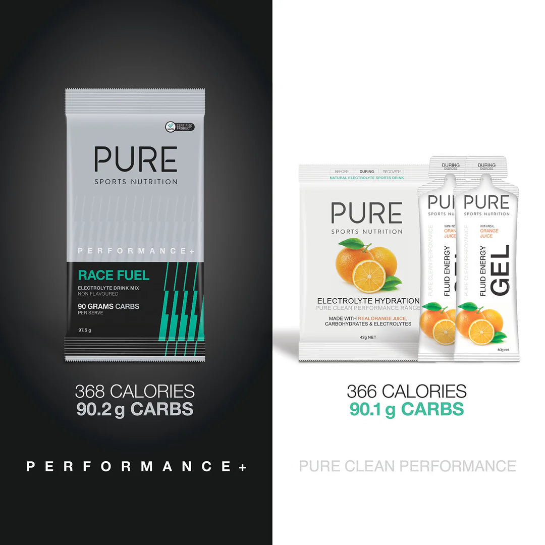 PURE sports nutrition products including race fuel and electrolyte hydration on a black and white background.