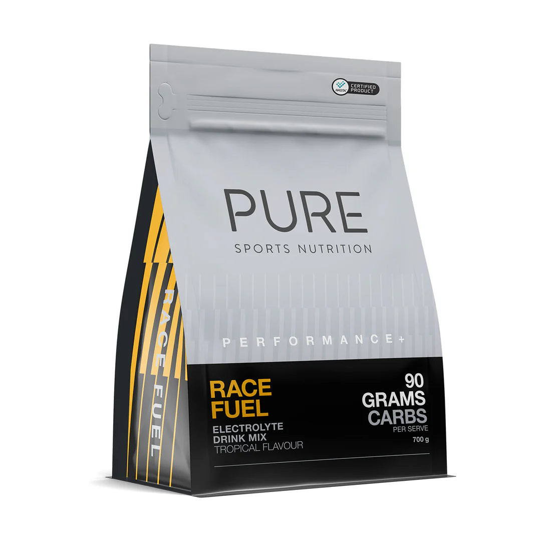 PURE Sports Nutrition Race Fuel electrolyte drink mix package on a white background