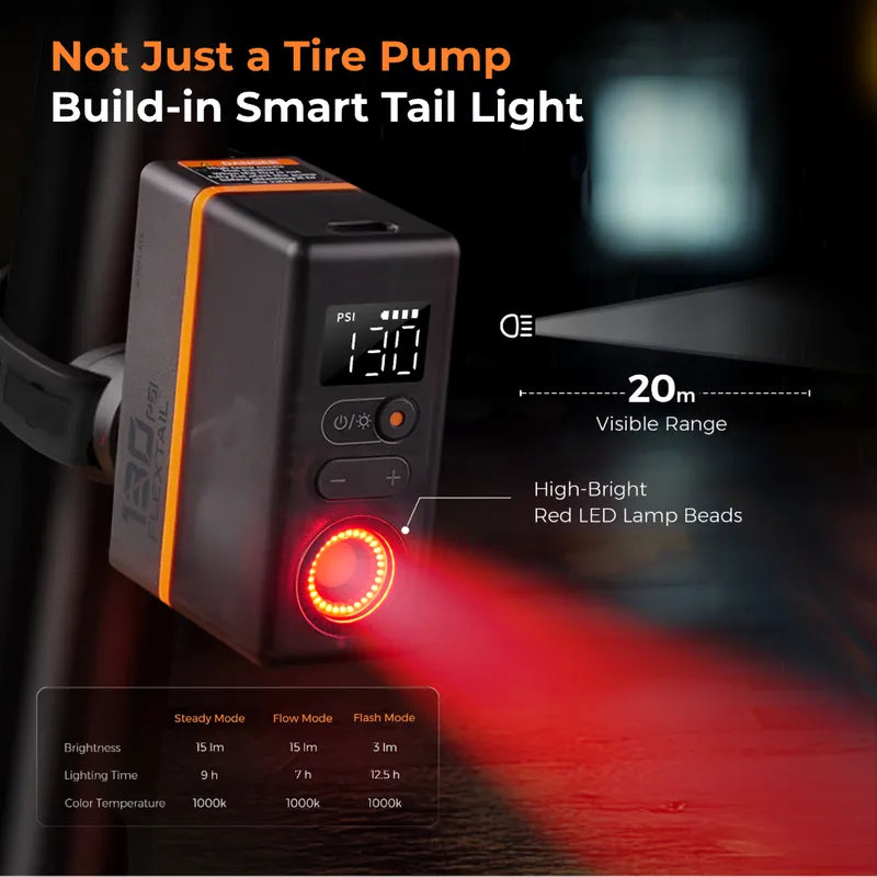 Flextail Tiny Bike Pump 200 with Tail Light- 130 PSI Digital